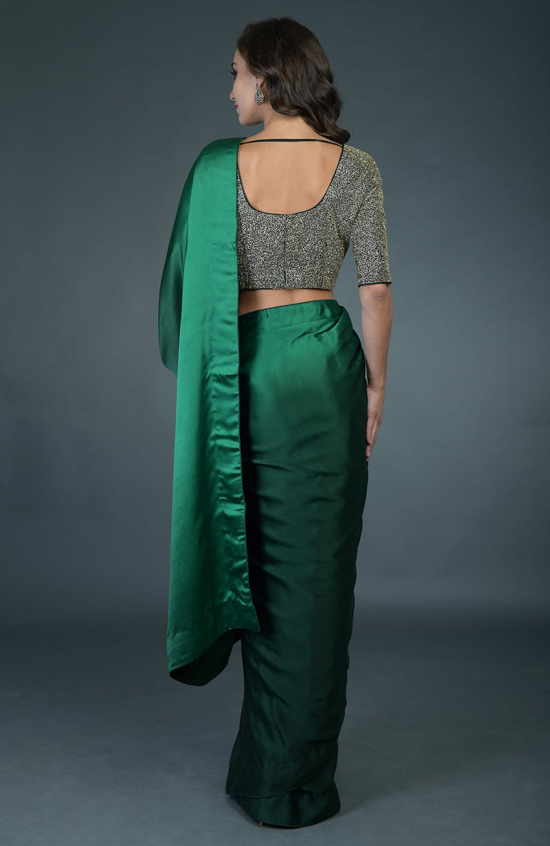 Bottle Green Ombre Saree With Zardozi Work Blouse