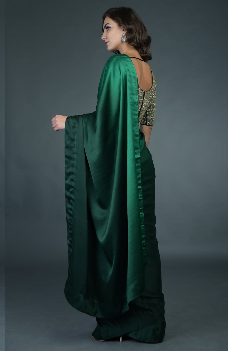 Bottle Green Ombre Saree With Zardozi Work Blouse