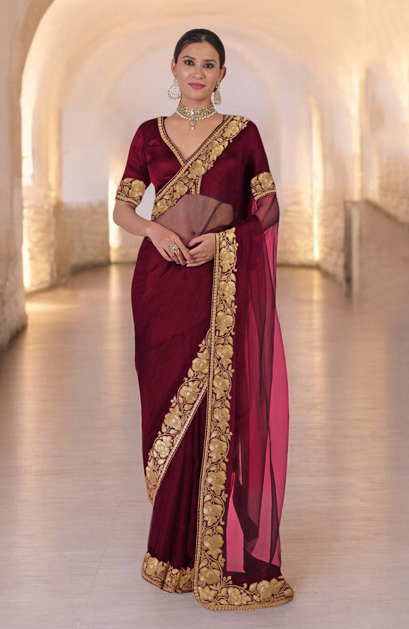 Plum Kashmiri Tilla Embroidered Saree