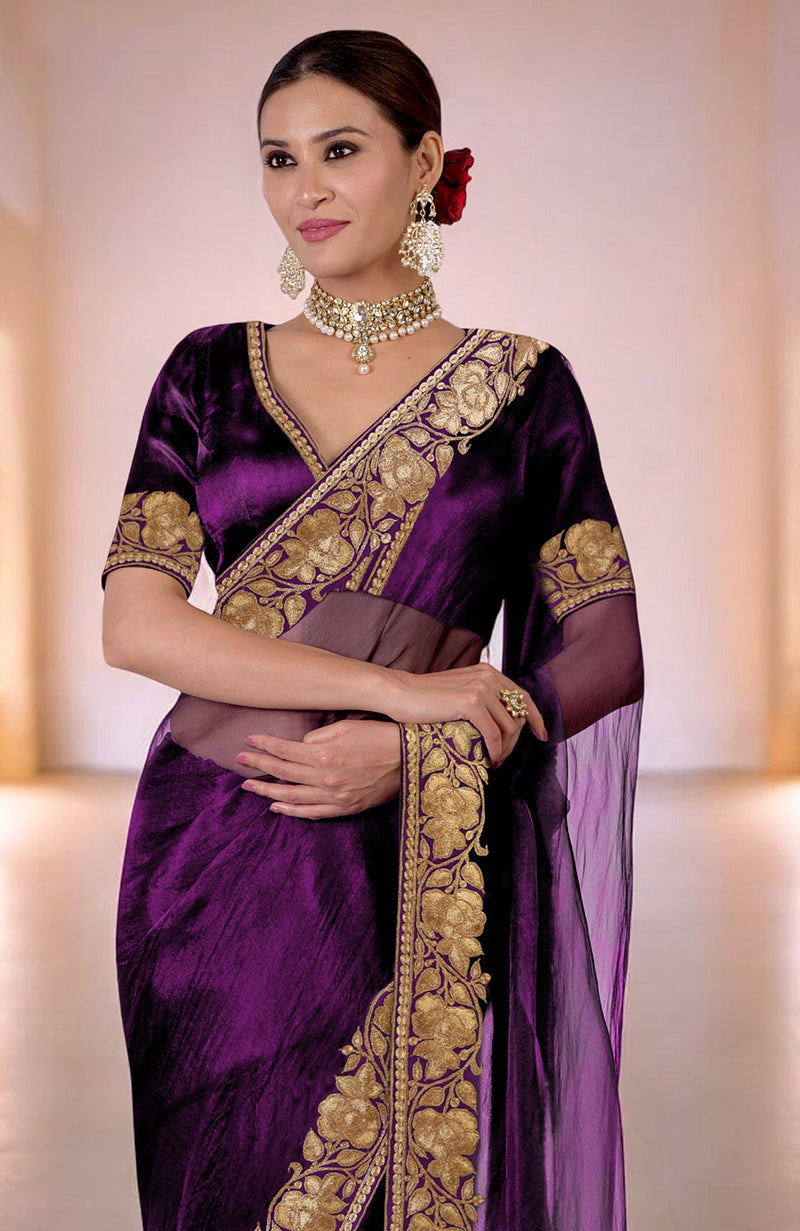 Plum Kashmiri Tilla Embroidered Saree