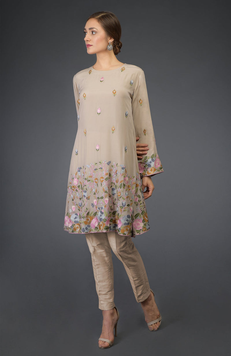 Beige Parsi Embroidered Tunic Suit