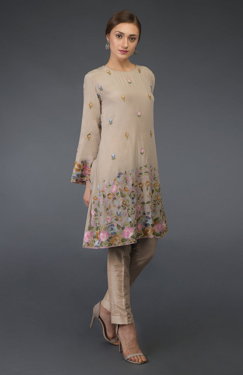 Beige Parsi Embroidered Tunic Suit