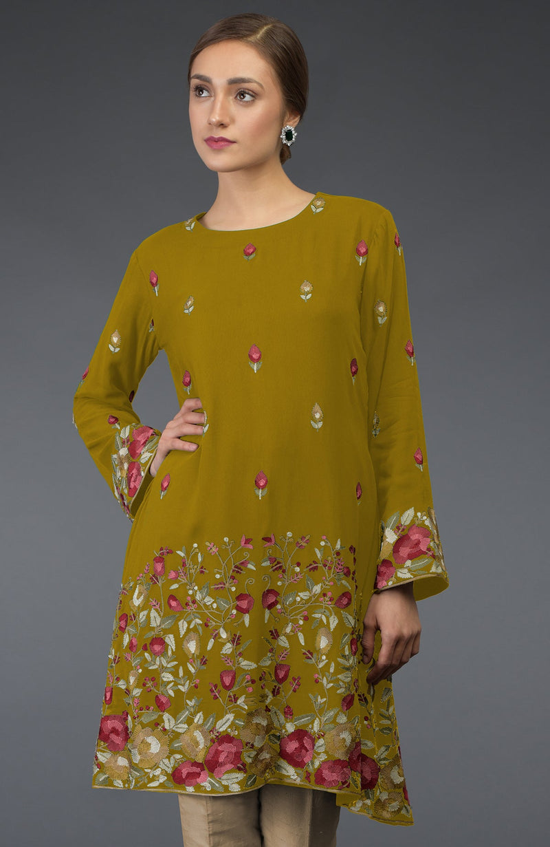 Mustard Parsi Embroidered Tunic Suit