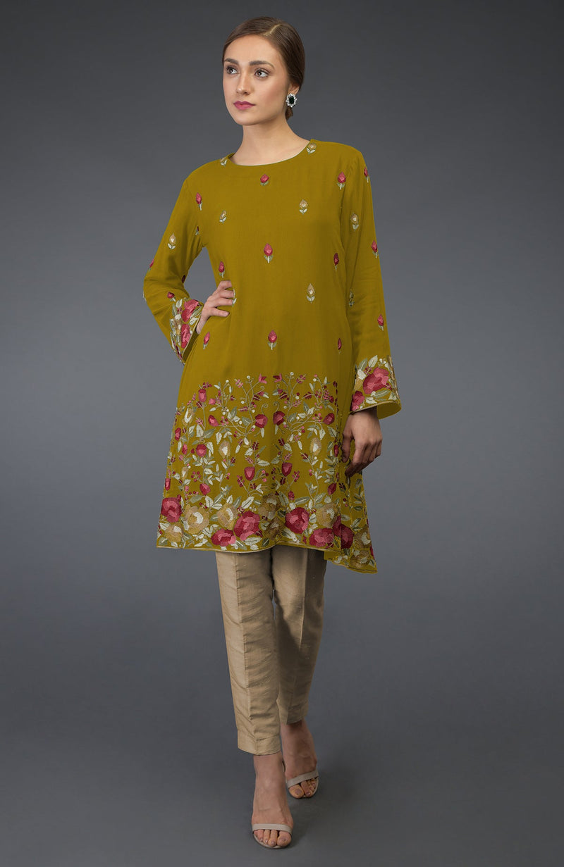 Mustard Parsi Embroidered Tunic Suit