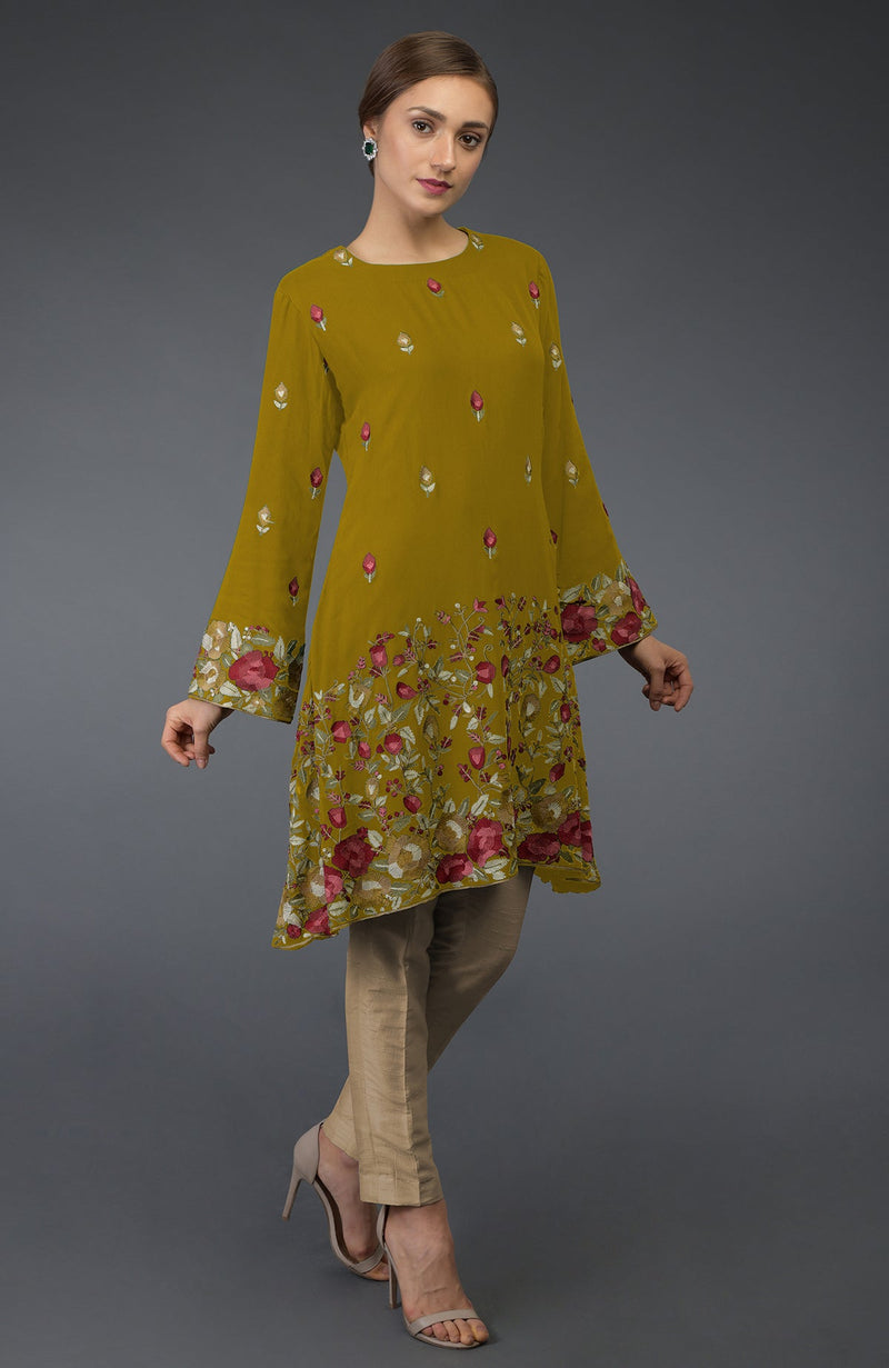 Mustard Parsi Embroidered Tunic Suit