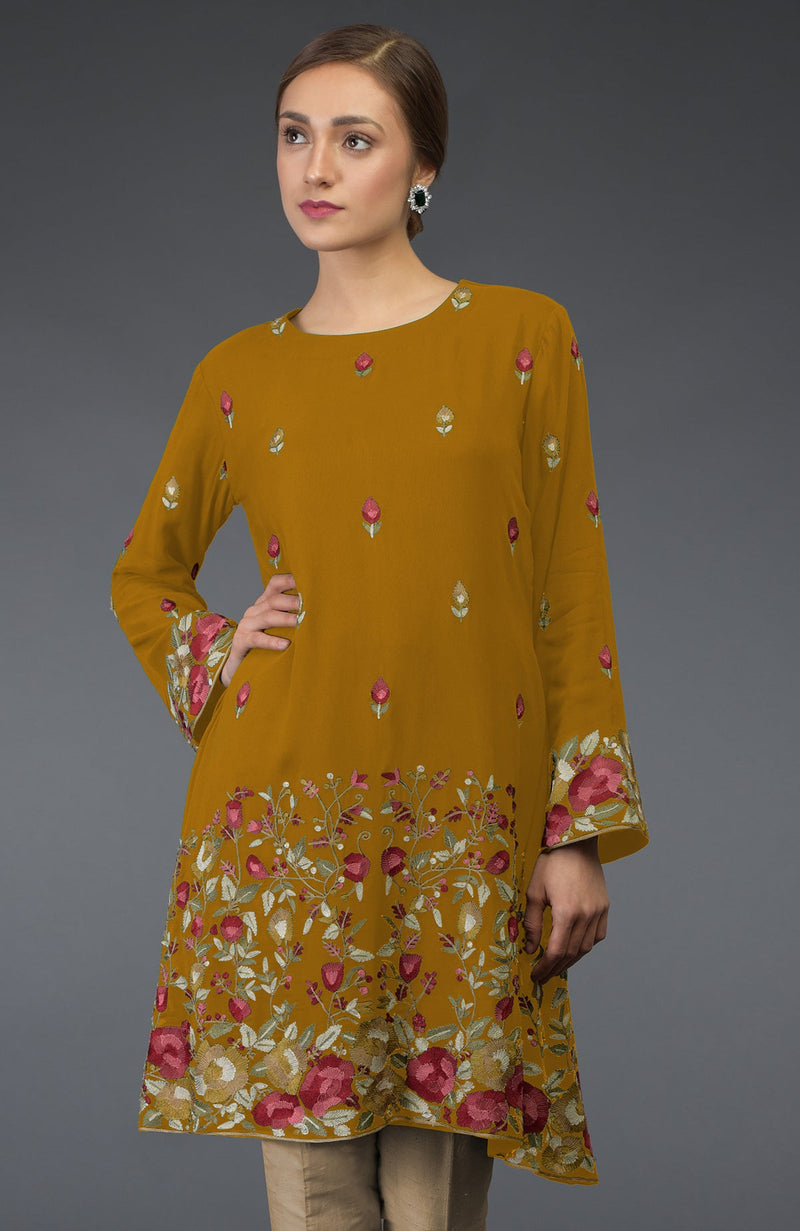Dijon Mustard Parsi Gara Embroidered Tunic Kurta