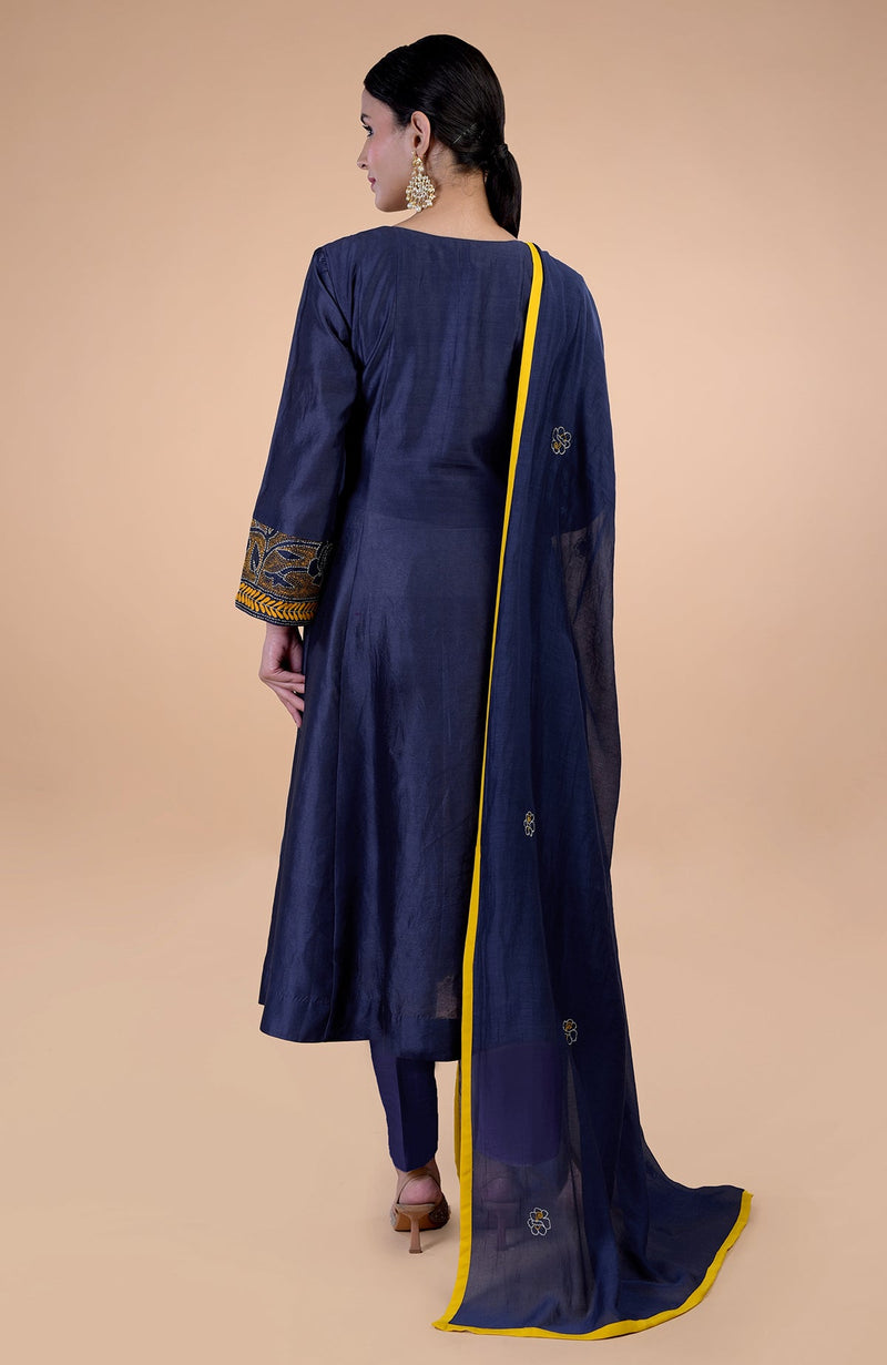 Navy Blue  Kantha Hand Embroidered Kalidaar Kurta Set