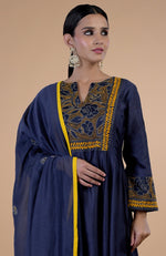 Navy Blue  Kantha Hand Embroidered Kalidaar Kurta Set