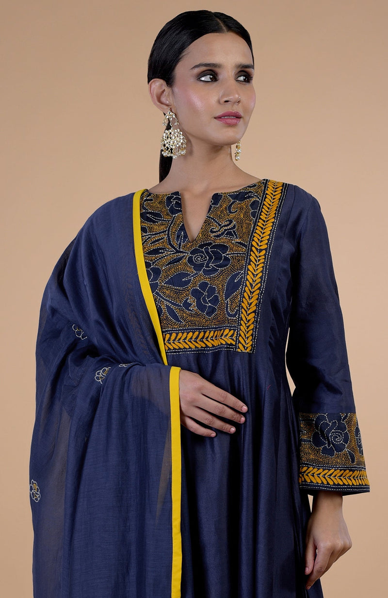 Navy Blue  Kantha Hand Embroidered Kalidaar Kurta Set
