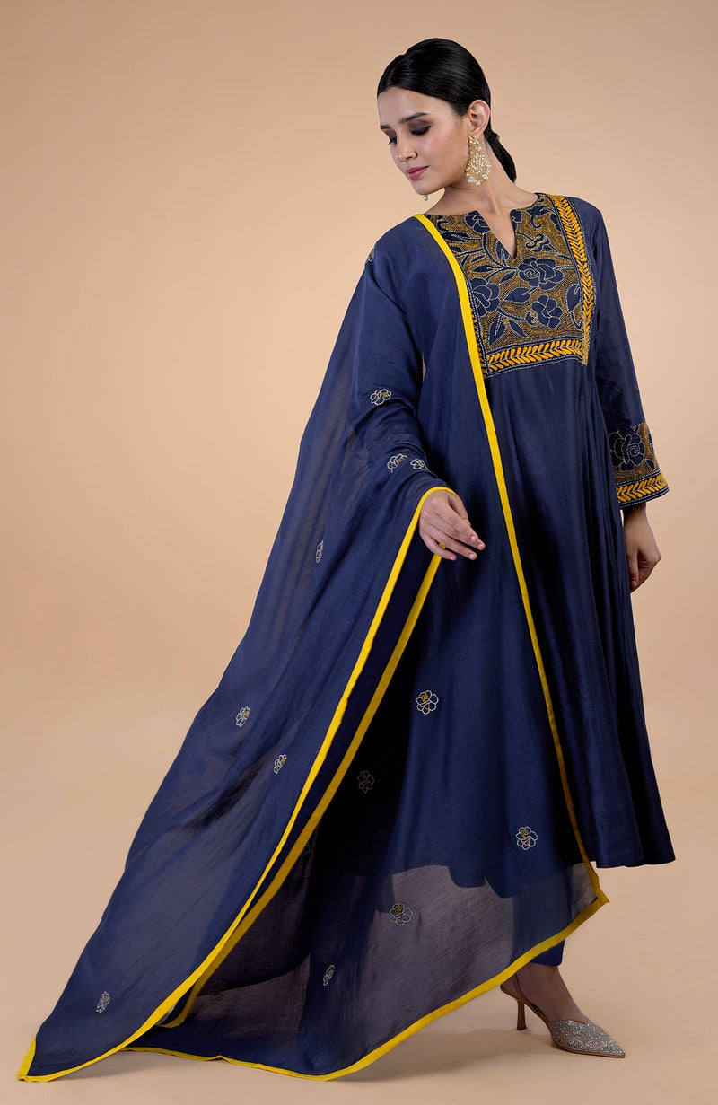 Navy Blue  Kantha Hand Embroidered Kalidaar Kurta Set
