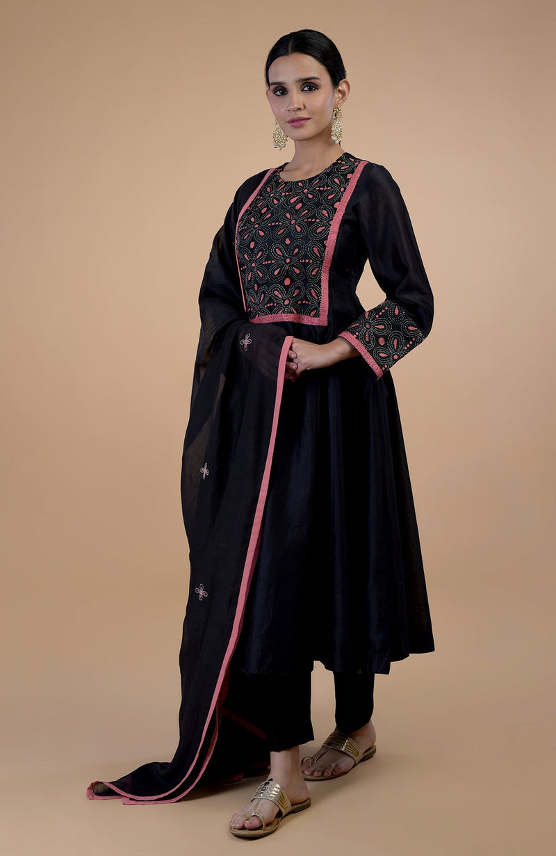 Black Kantha Hand Embroidered Kalidaar Kurta Set