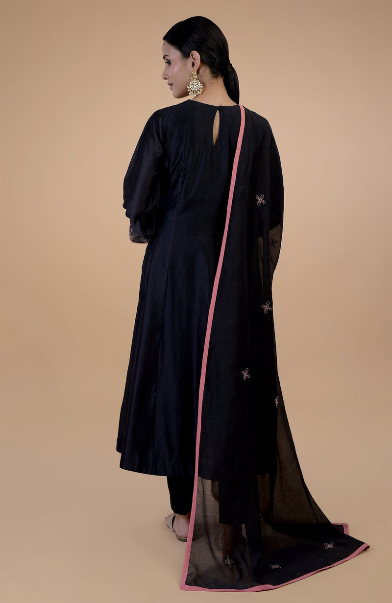 Black Kantha Hand Embroidered Kalidaar Kurta Set