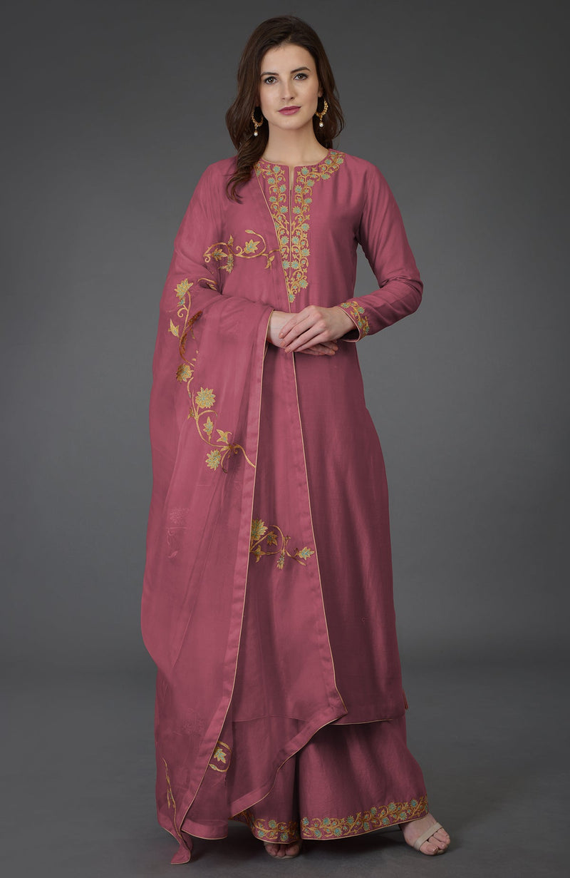 Living Coral Resham-Tilla Embroidered Farshi Palazzo Suit
