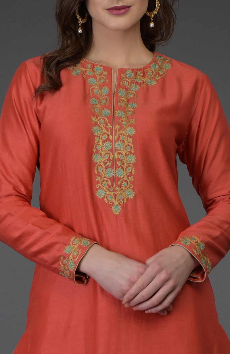 Living Coral Resham-Tilla Embroidered Farshi Palazzo Suit