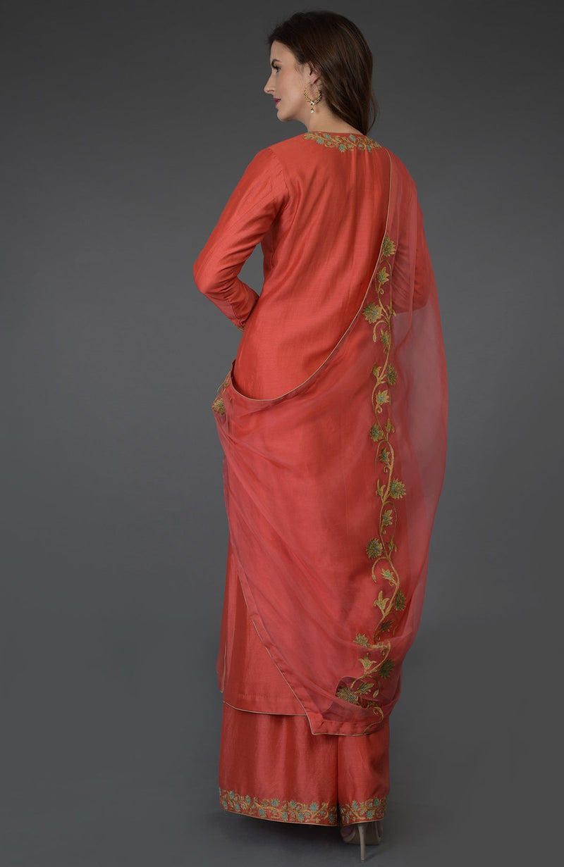 Living Coral Resham-Tilla Embroidered Farshi Palazzo Suit