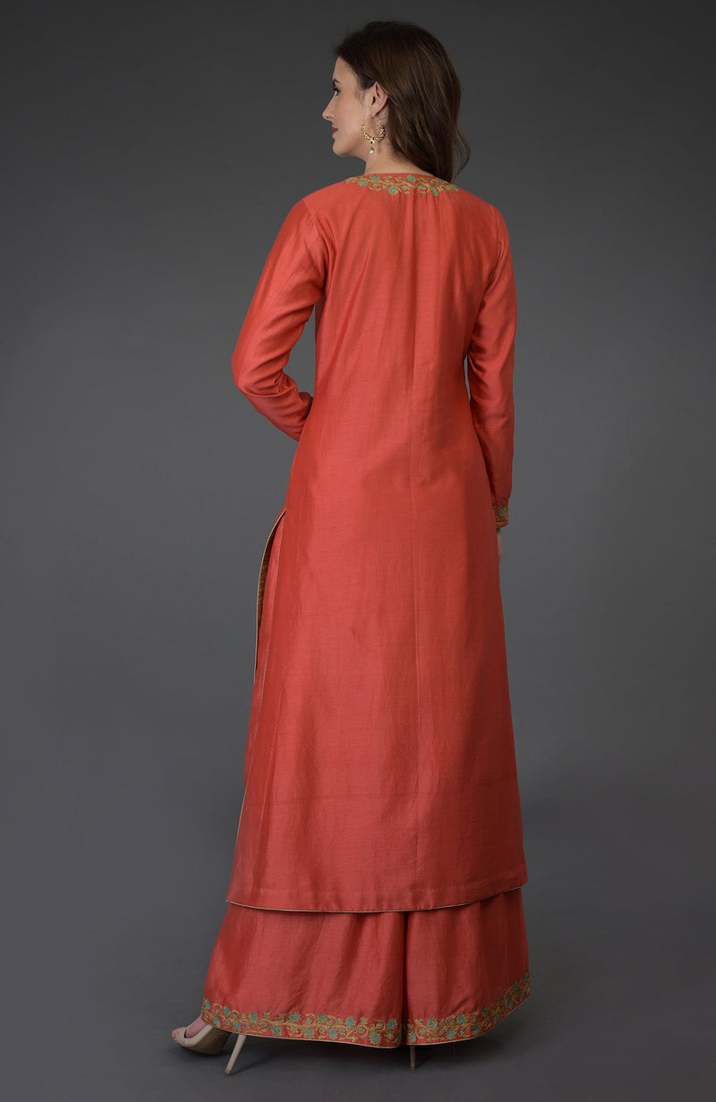 Living Coral Resham-Tilla Embroidered Farshi Palazzo Suit