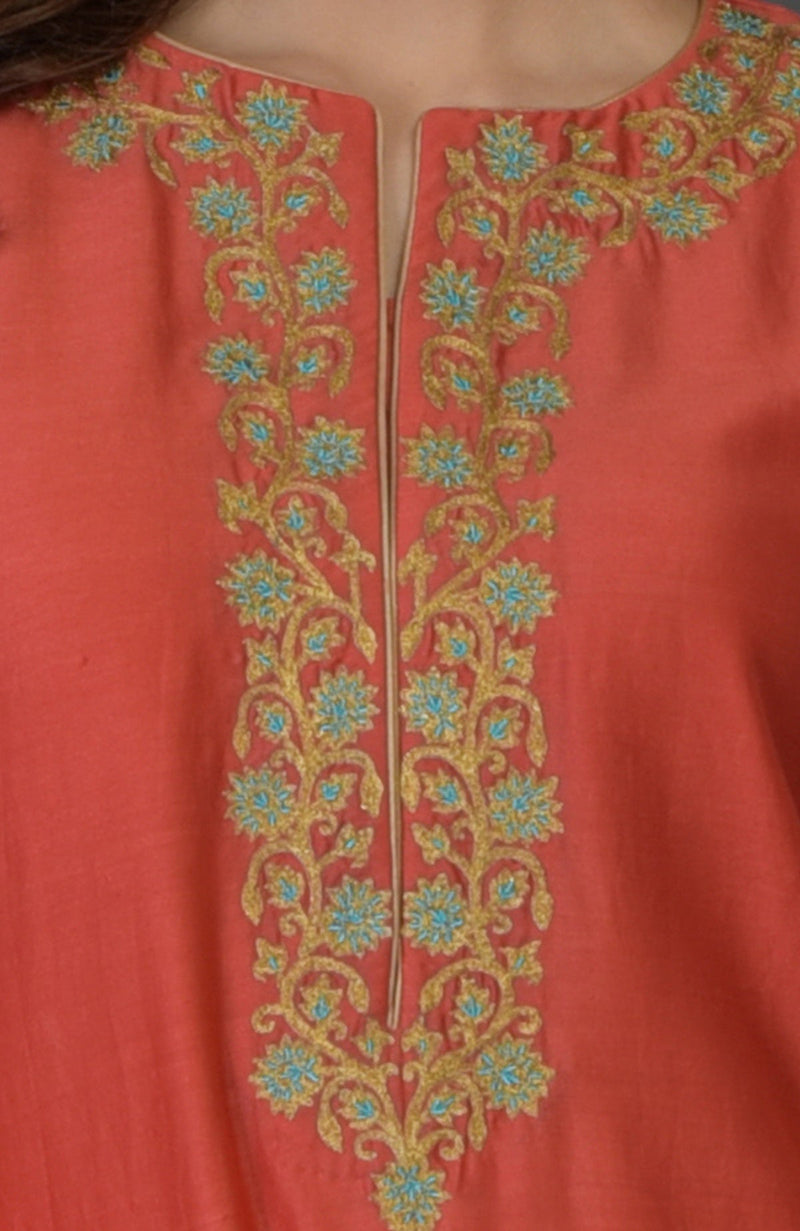Living Coral Resham-Tilla Embroidered Farshi Palazzo Suit