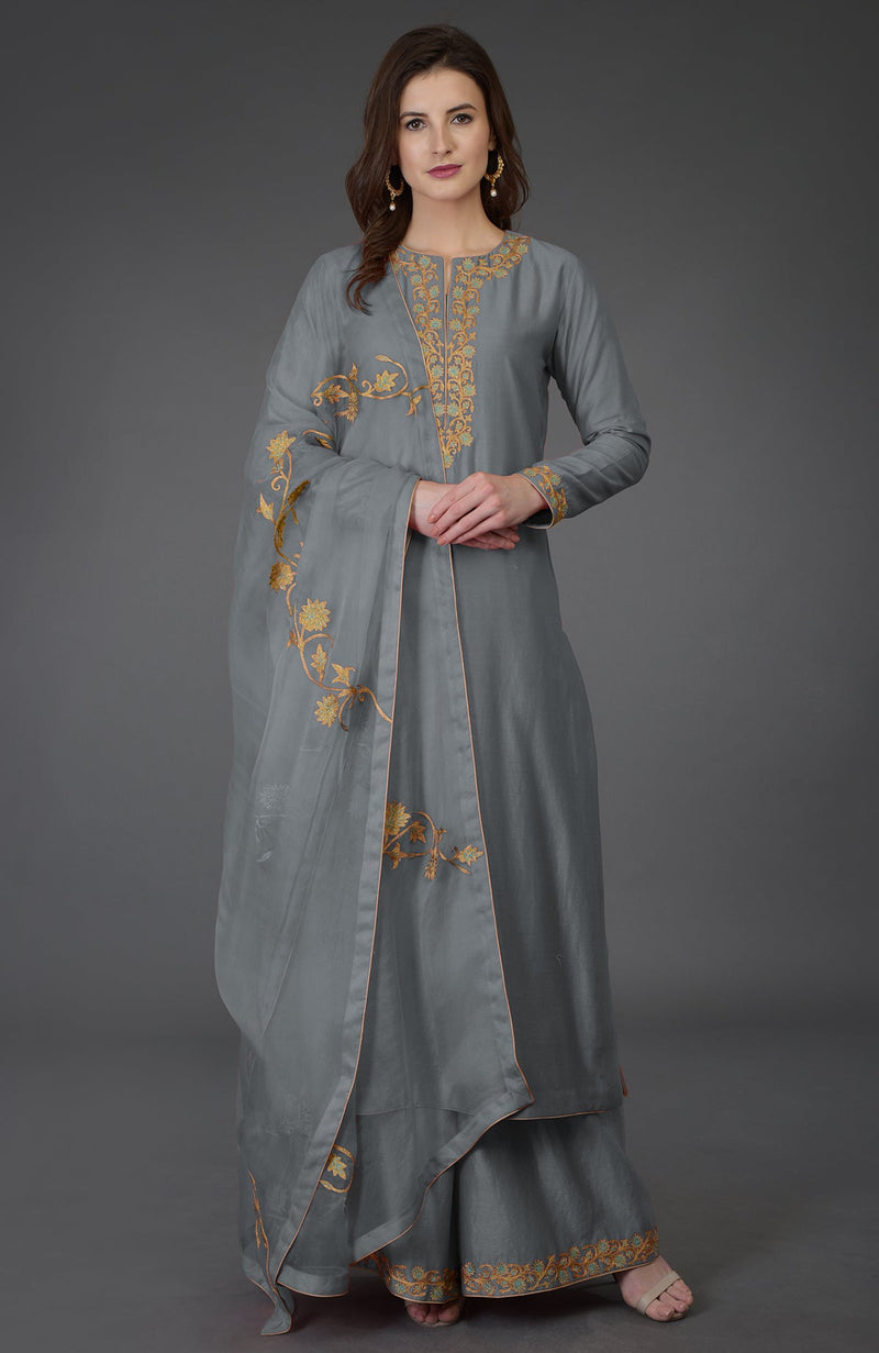 Living Coral Resham-Tilla Embroidered Farshi Palazzo Suit