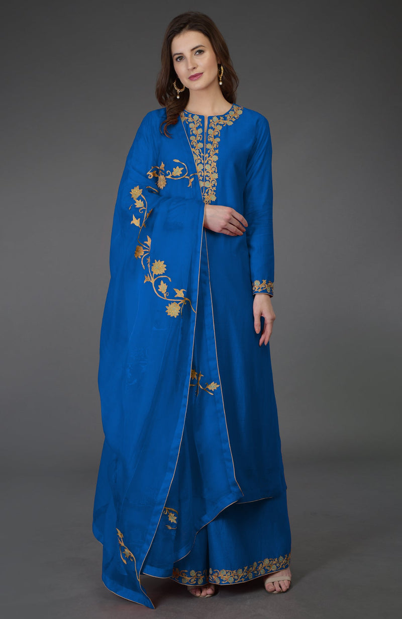 Living Coral Resham-Tilla Embroidered Farshi Palazzo Suit