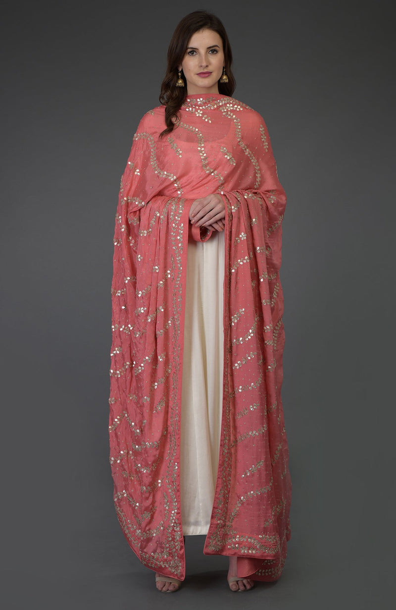 Living Coral Gota Patti & Zari Hand Embroidered Dupatta