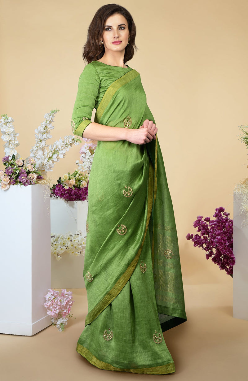 Pepper Stem Zardozi Hand Embroidered Linen Saree
