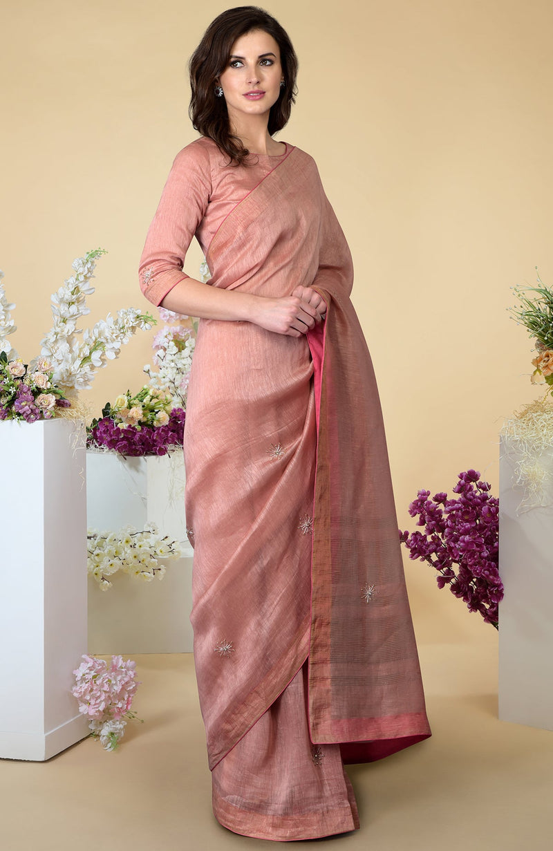 Pressed Rose Zardozi Hand Embroidered Silk Linen Saree