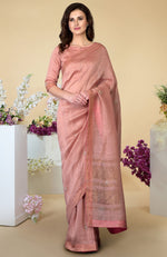 Pressed Rose Zardozi Hand Embroidered Silk Linen Saree