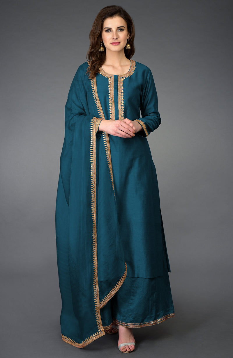 Peacock Blue Marori and Sequin Work Farshi Palazzo Suit