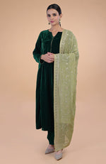 Bog Green Floral Zari and Sequin Embroidered Dupatta with Bottle Green Velvet Suit