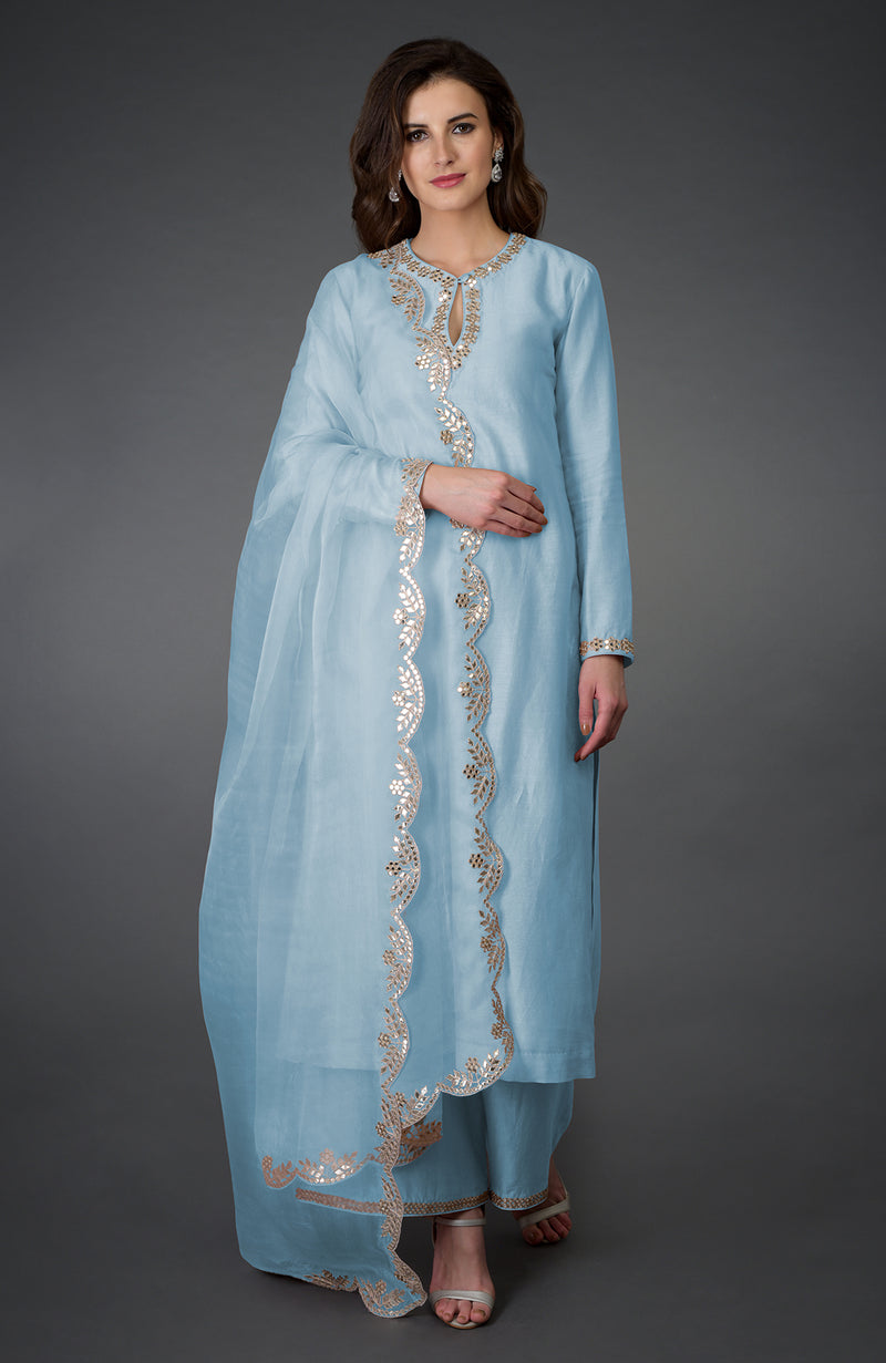 Winter Sky Gota Patti and Mirror Work Farshi Palazzo Suit