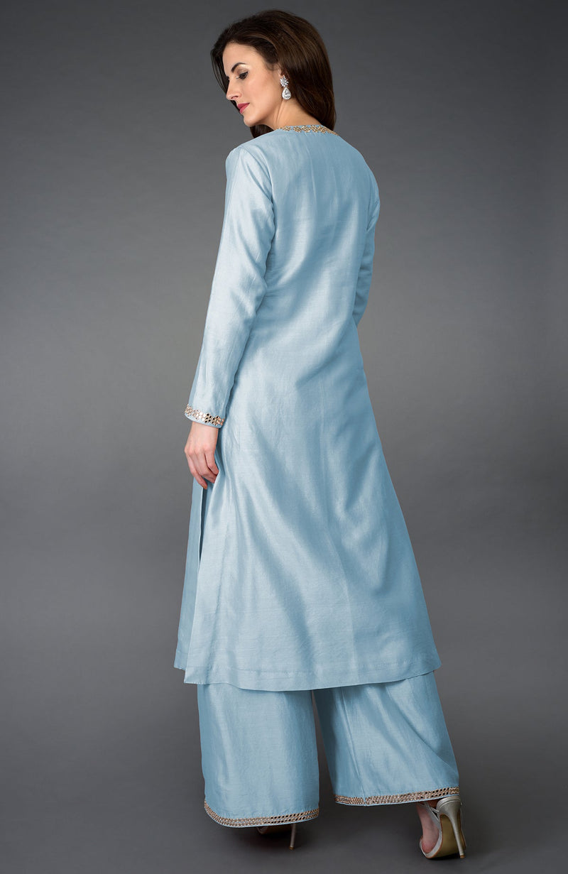 Winter Sky Gota Patti and Mirror Work Farshi Palazzo Suit