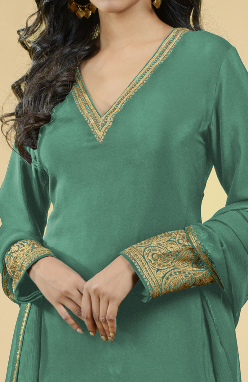 Jade Green Gold Kashmiri Tilla Aari Embroidered Kurta Set
