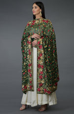 Pre-Order Emerald Green Parsi Gara Hand Embroidered Dupatta