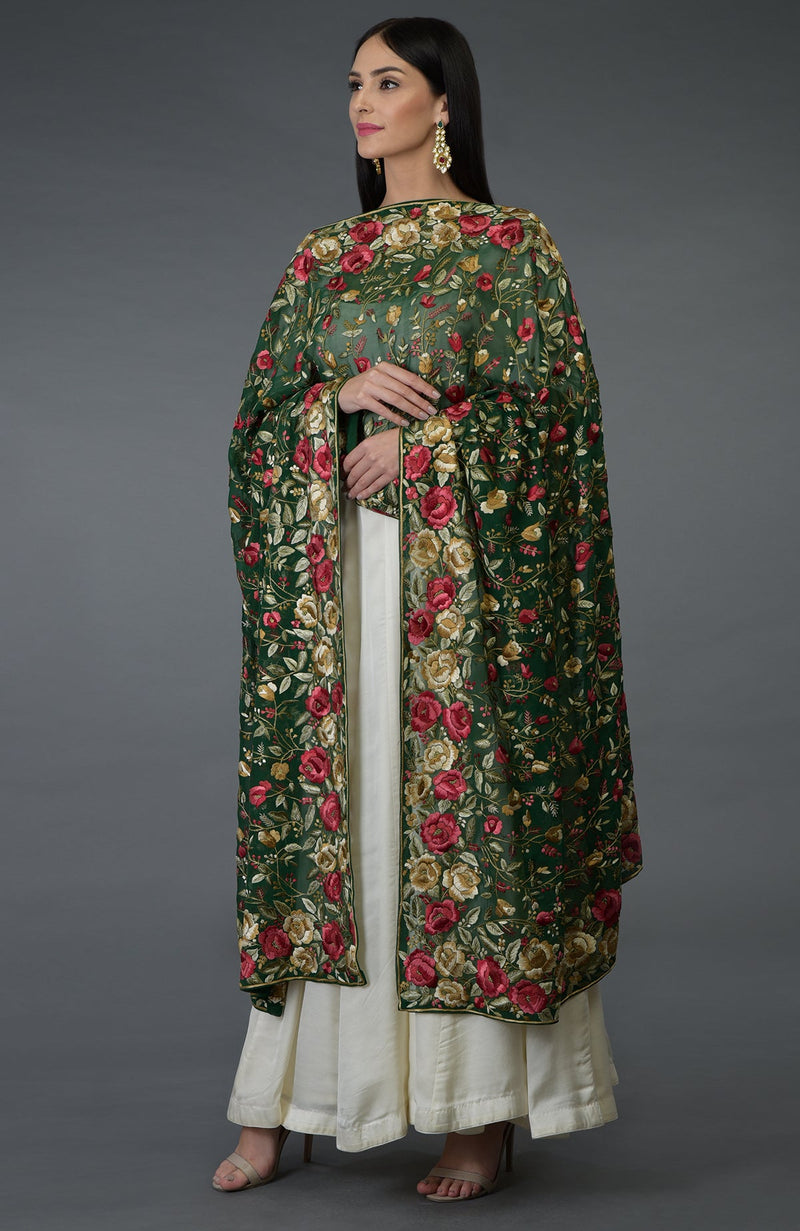 Pre-Order Emerald Green Parsi Gara Hand Embroidered Dupatta