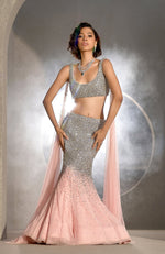 NAIRA- Pink Crystal and Pearls Hand Embroidered Mermaid Lehenga with Cape