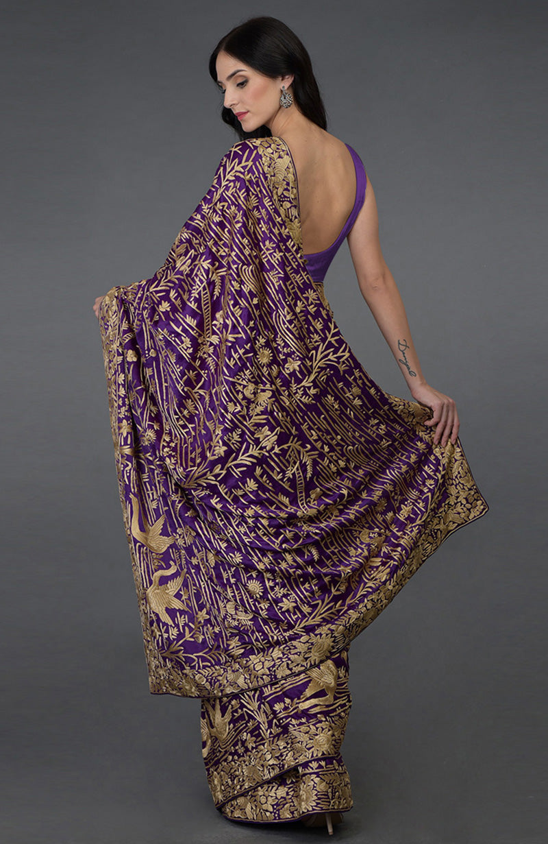 Masterpiece Purple Parsi Gara Hand Embroidered Saree