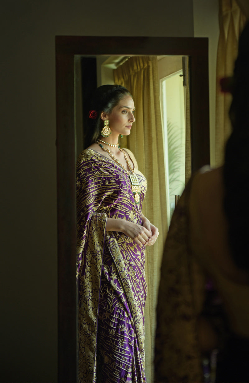 Masterpiece Purple Parsi Gara Hand Embroidered Saree
