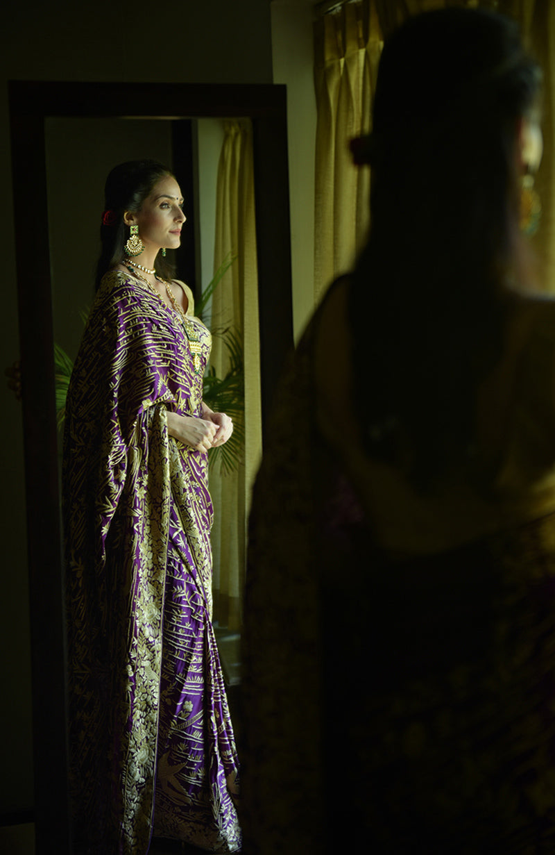Masterpiece Purple Parsi Gara Hand Embroidered Saree