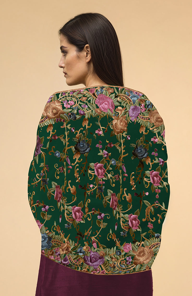 Emerald Green Parsi Gara Pure Pashmina Shawl