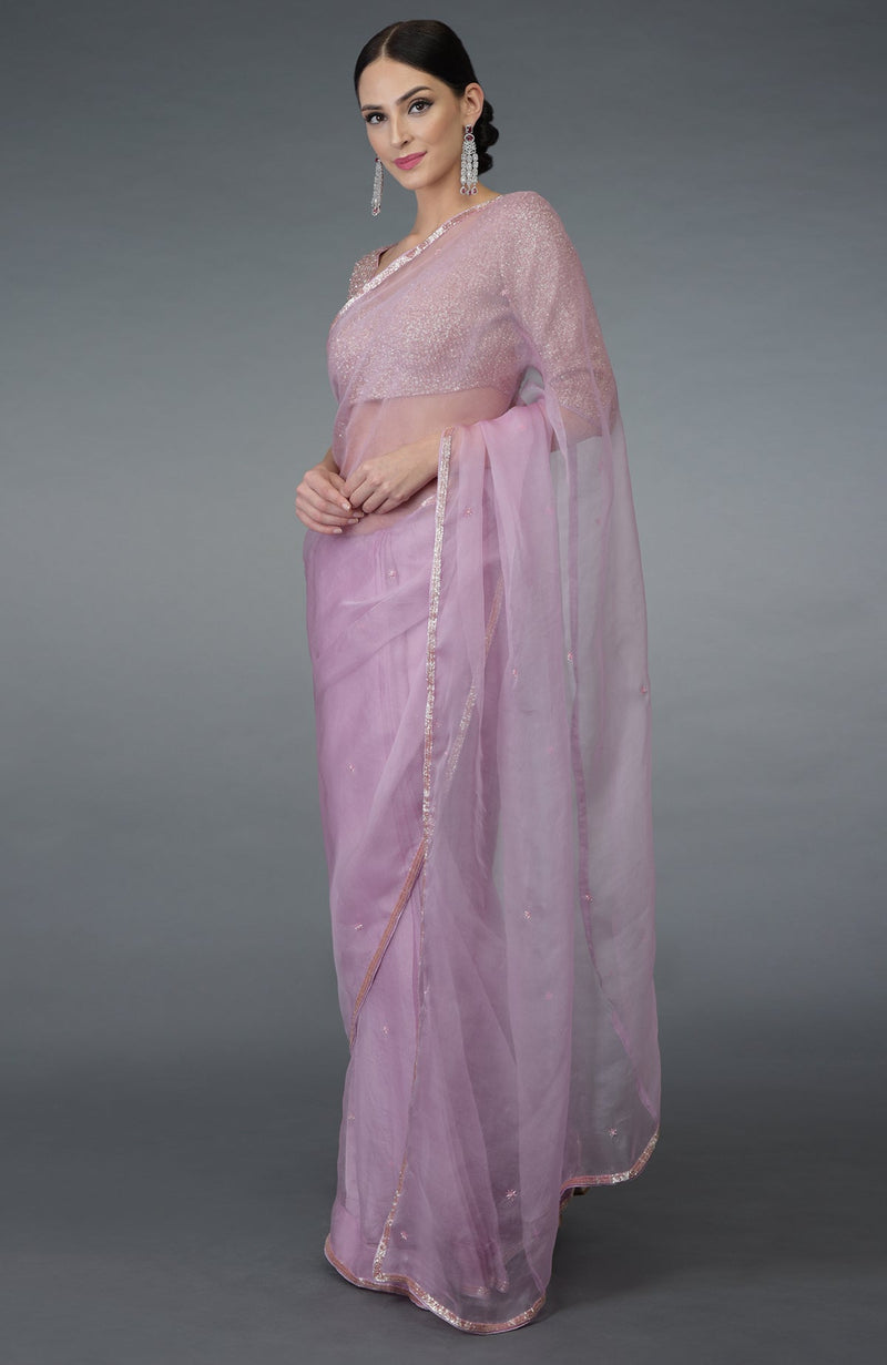 Lilac Beads Hand Embroidered Silk Organza Saree & Blouse