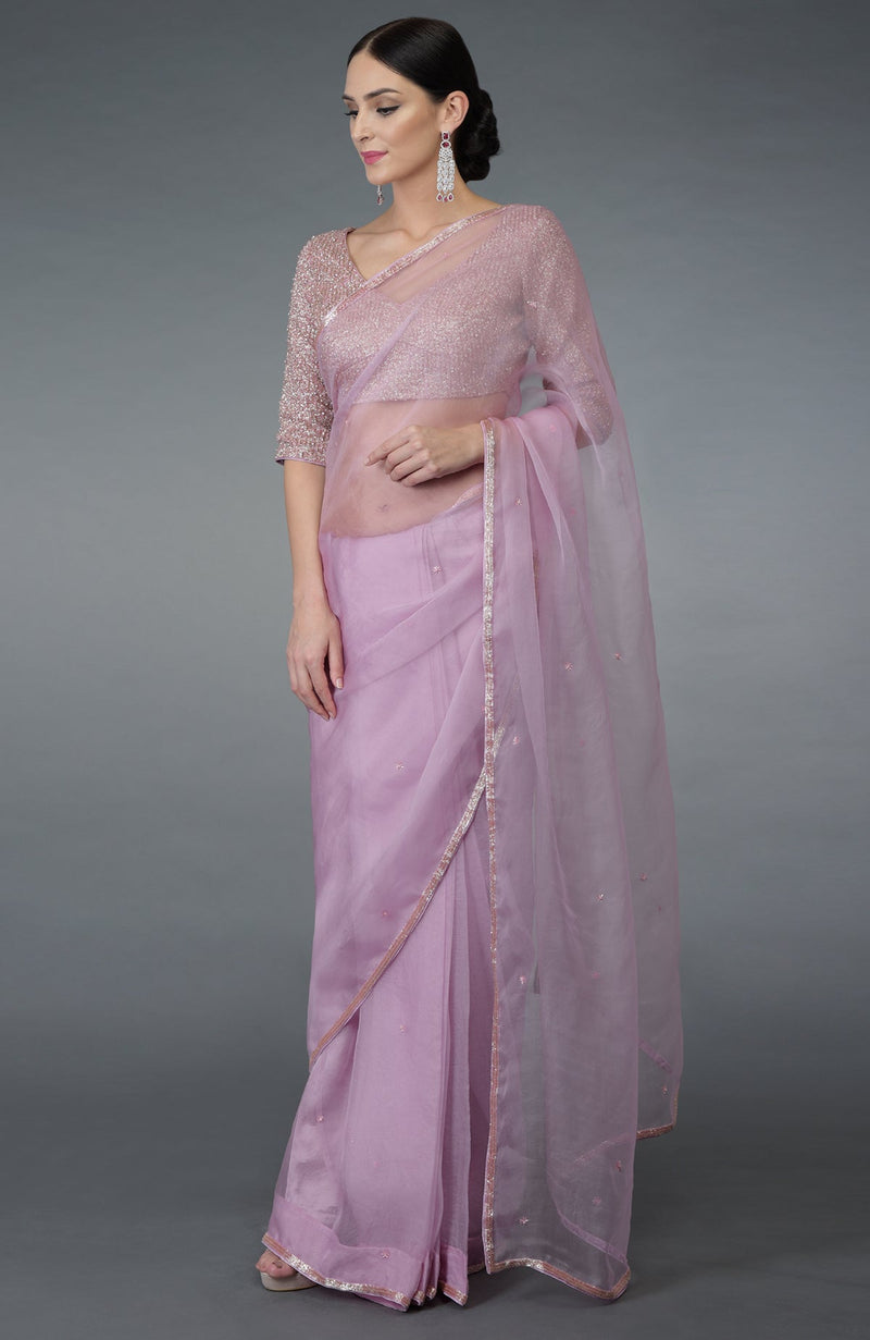 Lilac Beads Hand Embroidered Silk Organza Saree & Blouse