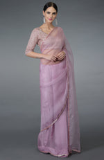 Lilac Beads Hand Embroidered Silk Organza Saree & Blouse