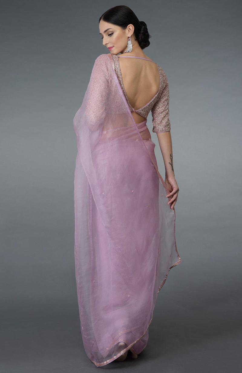 Lilac Beads Hand Embroidered Silk Organza Saree & Blouse