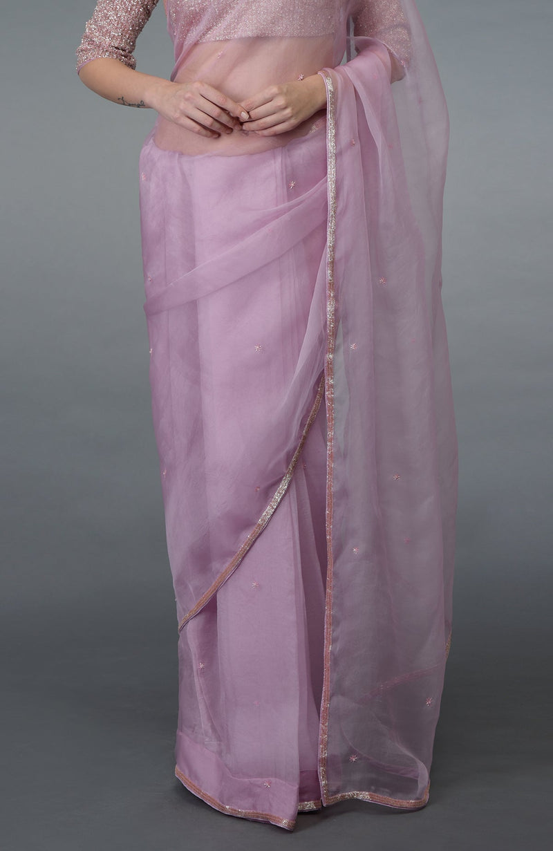 Lilac Beads Hand Embroidered Silk Organza Saree & Blouse