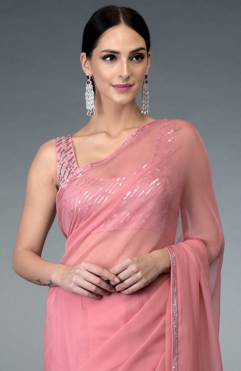 Pressed Rose Sequin & Beads Work Saree with Blouse