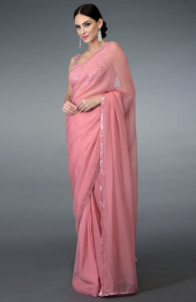 Pressed Rose Sequin & Beads Work Saree with Blouse