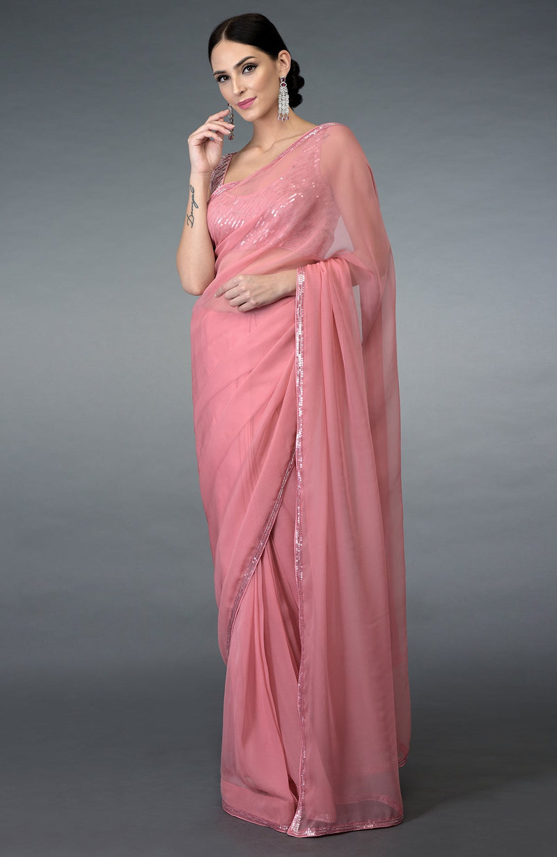 Pressed Rose Sequin & Beads Work Saree with Blouse