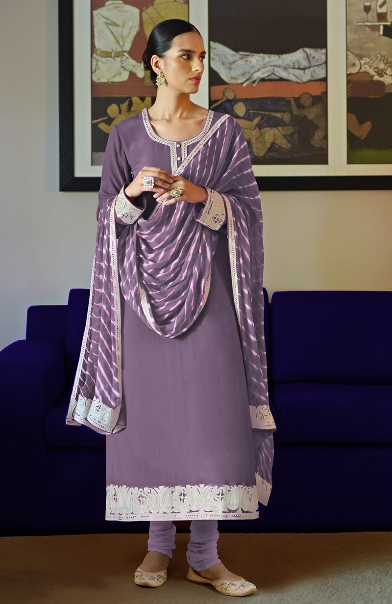 Pink Leheriya Handcrafted Tie Dye & Kashmiri Tilla Kurta Set