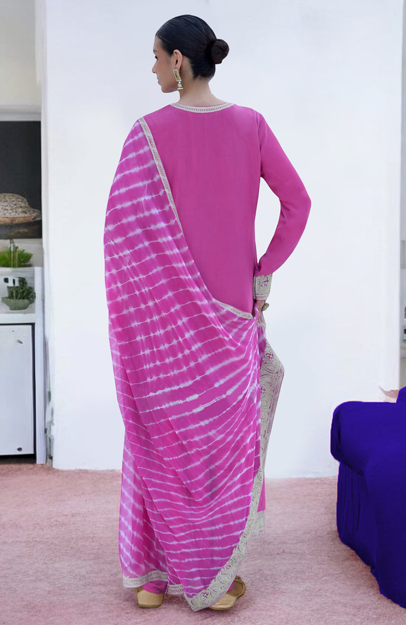 Pink Leheriya Handcrafted Tie Dye & Kashmiri Tilla Kurta Set