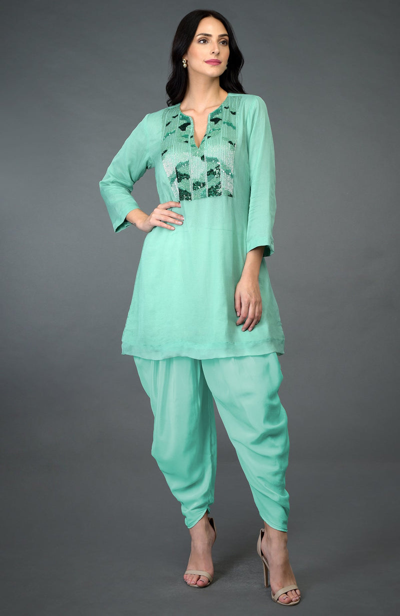 Mint Green Sequin And Beads Embroidered Dhoti Pants Suit